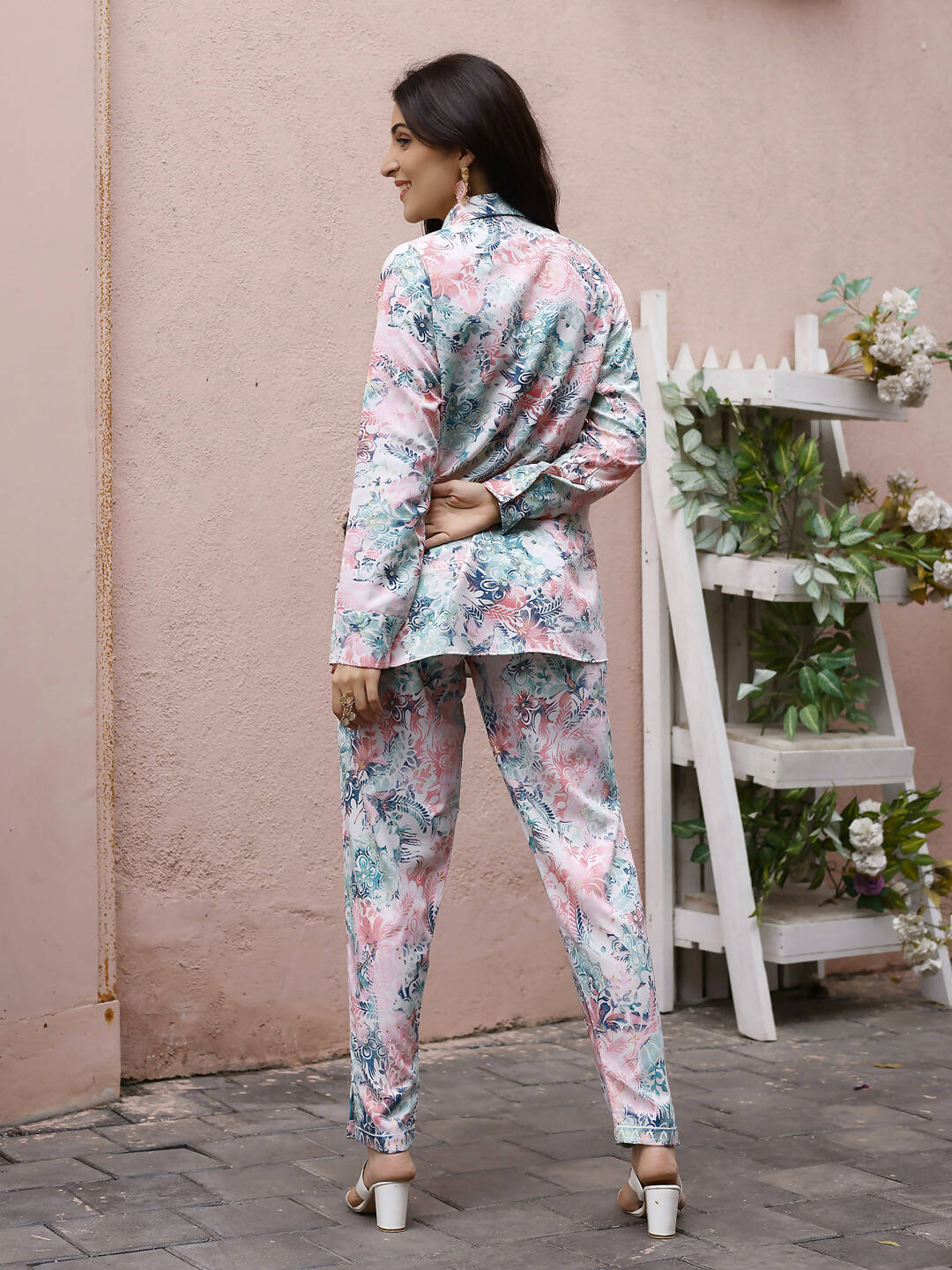Blue & Pink Rayon Floral Printed Top with Matching Bottom - Eesha - Swadesiicart