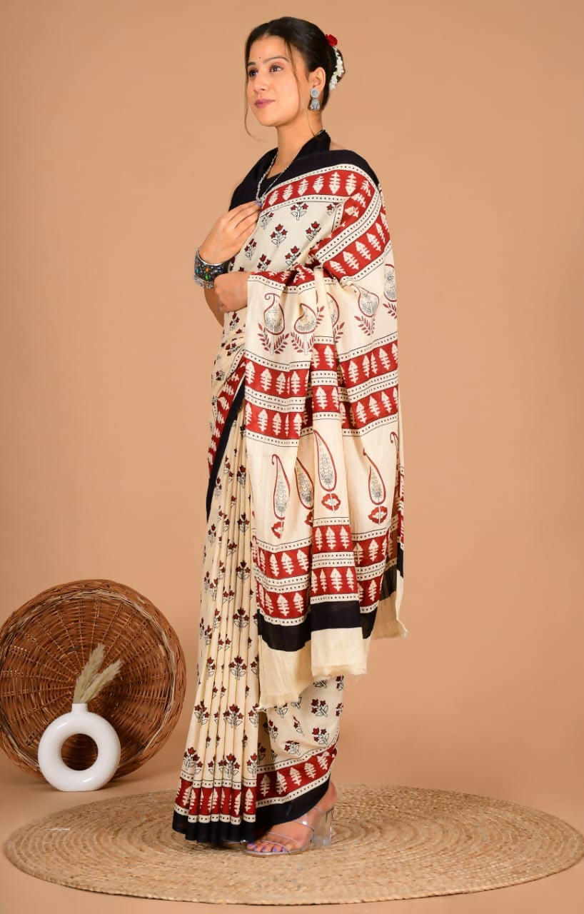 Exclusive Collection Off White Maroon Beautiful Mulmul Cotton Saree - Swadesiicart