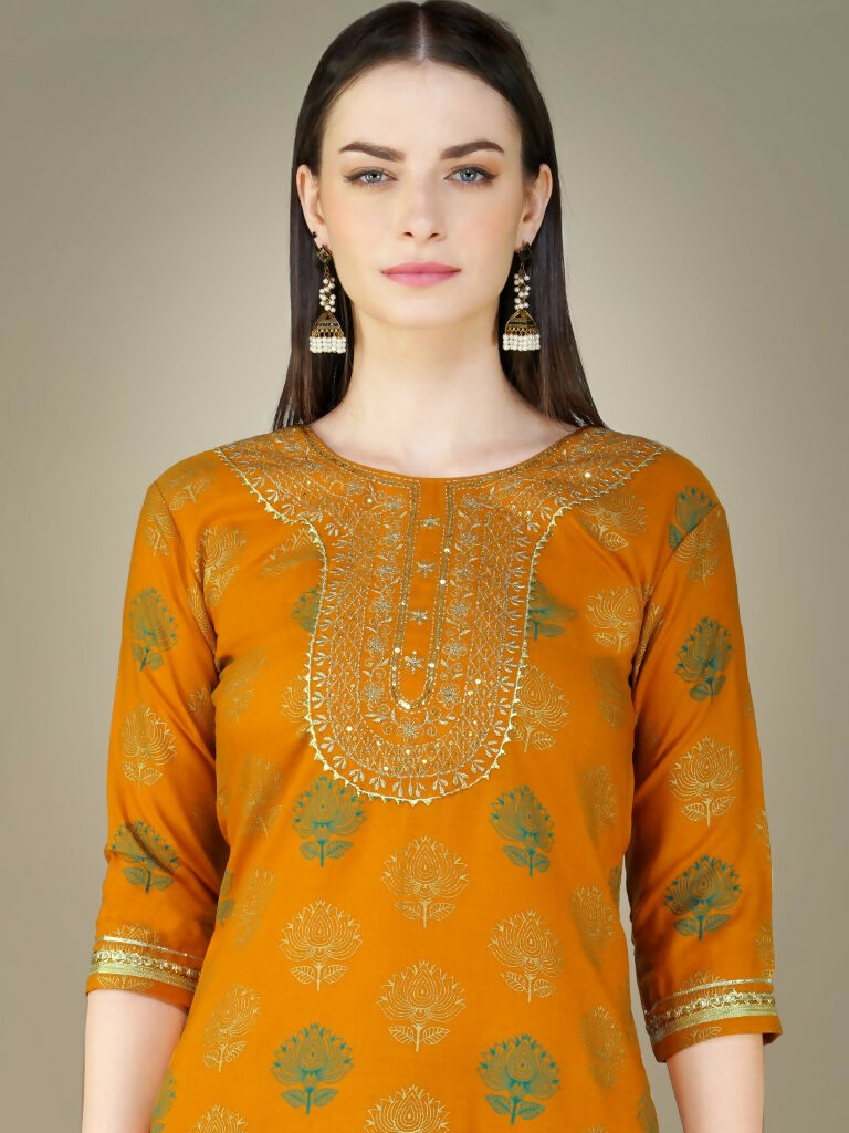 Jyoti Fashion Women's Yellow Cotton Magic Slub Embroidery & Sequence work Kurta with Trouser & Dupatta | Swadesiicart