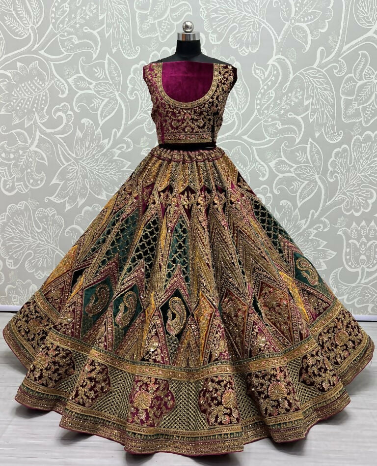 Jyoti Fashion Women's Multicolor Velvet Fancy Patch, Multi Thread Embroidered, Zircon Diamond, Sequins Work Wedding Lehenga Choli | Swadesiicart