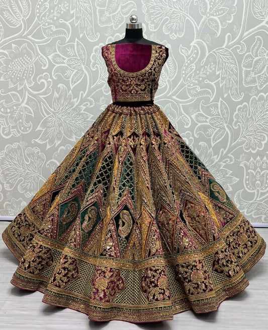 Jyoti Fashion Women's Multicolor Velvet Fancy Patch, Multi Thread Embroidered, Zircon Diamond, Sequins Work Wedding Lehenga Choli | Swadesiicart
