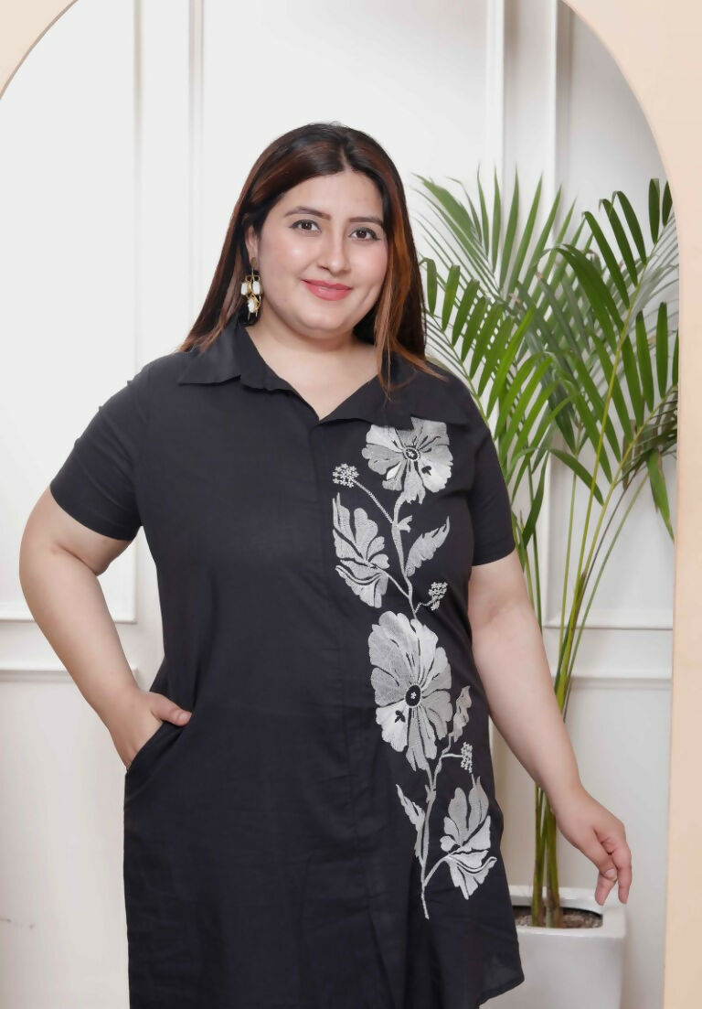 Miravan Women's Plus Size Black Pure Cotton Floral Embroidered High Low Co-Ord Set - Swadesiicart