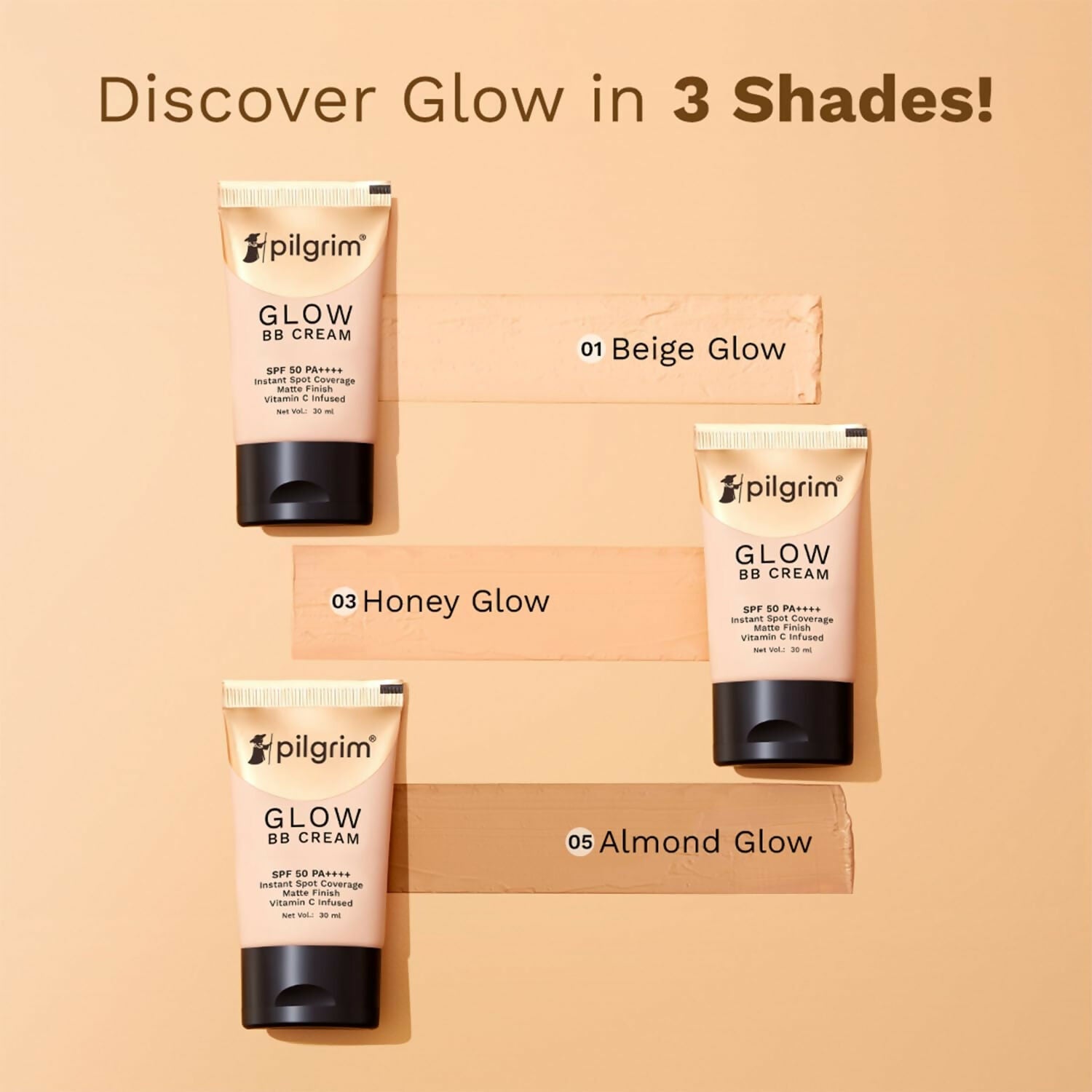 Pilgrim Glow BB Cream SPF 50 PA++++ Instant Spot Coverage Matte Finish Vitamin C Infused - Beige Glow - Swadesiicart