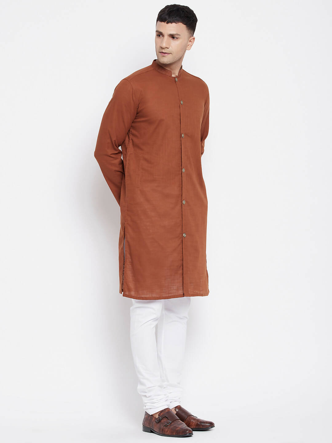 Even Apparels Brown Pure Cotton Men's Sherwani Kurta With Open Front | Swadesiicart