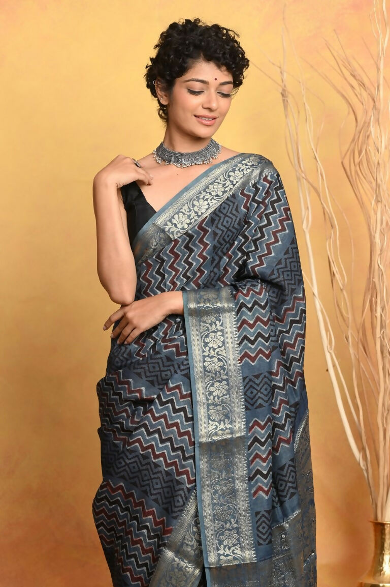 Very Much Indian Modal Silk Ajrakh Handblock Printed Natural Dyes With Designer Border Saree - Grey | Swadesiicart