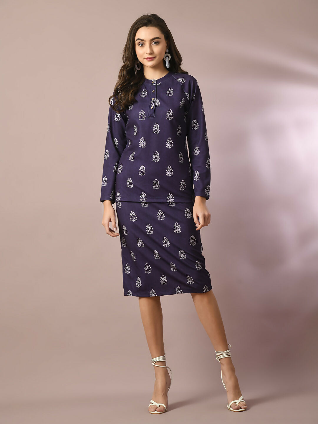Myshka Women's Navy Blue Printed Round Neck Party Top With Skirt Co-ord set - Swadesiicart