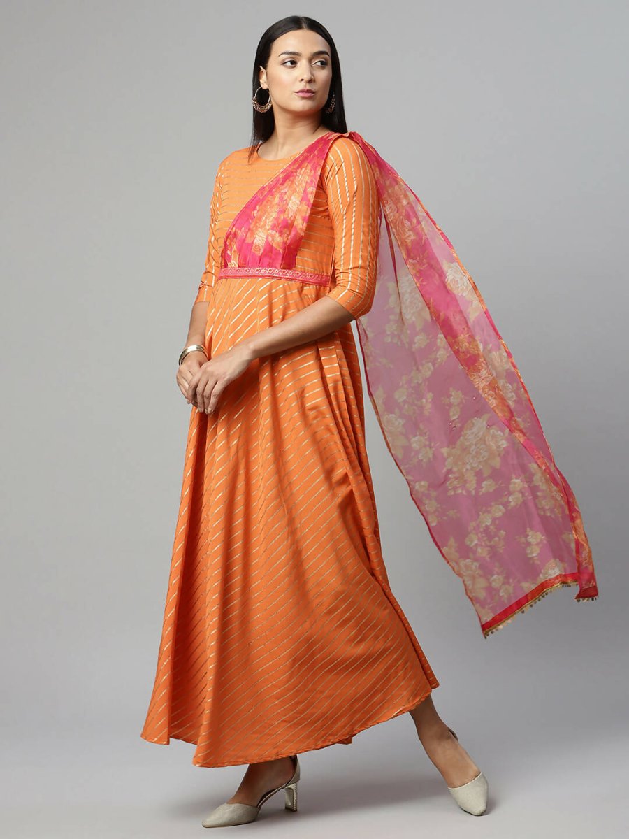 Ahalyaa Women's Orange Crepe Gold Print Dress | Swadesiicart