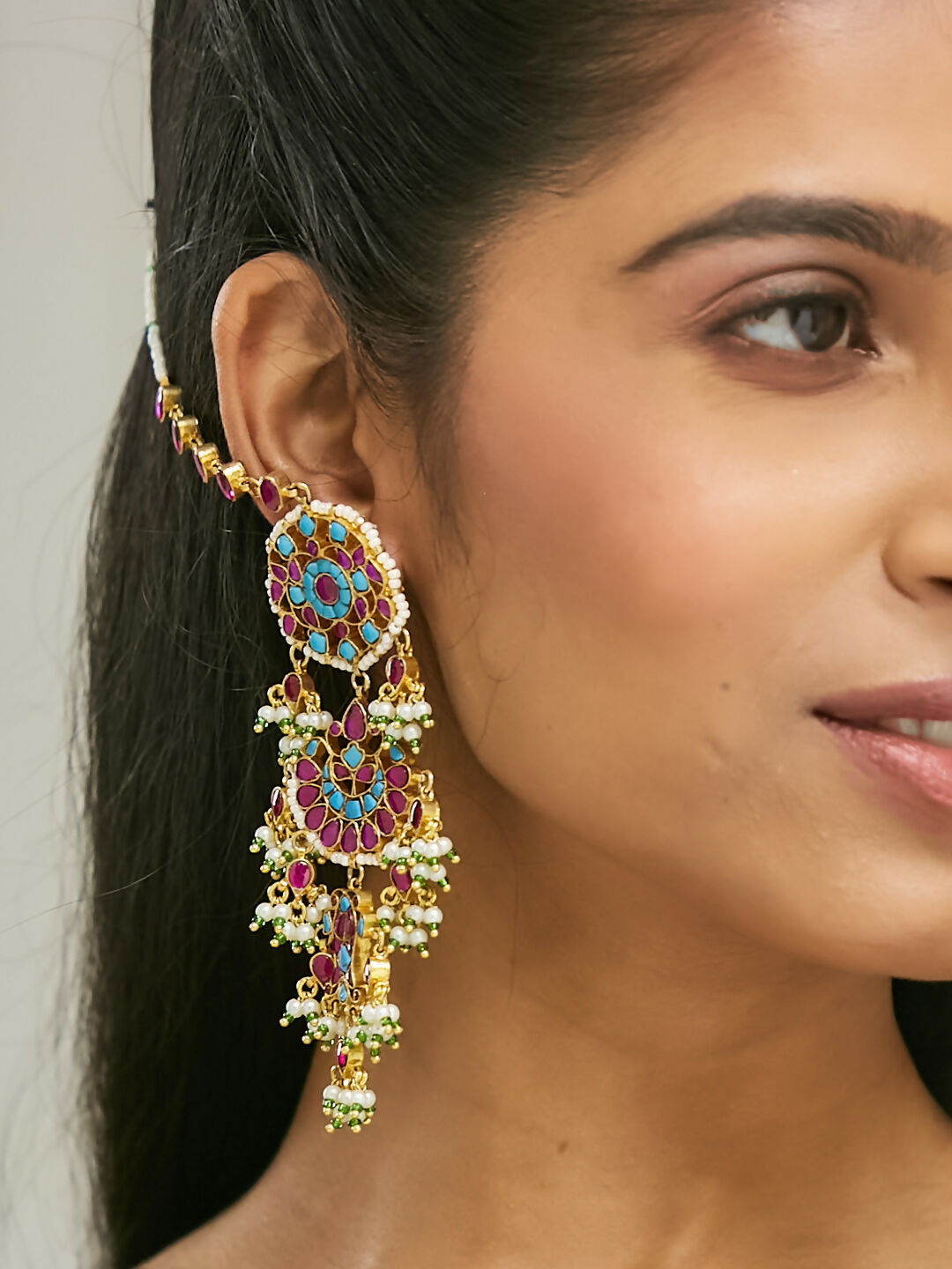Nuyug 22K Gold-Plated Kundan Studded & Pearl Beaded Crescent Shaped Kanauti Earrings | Swadesiicart