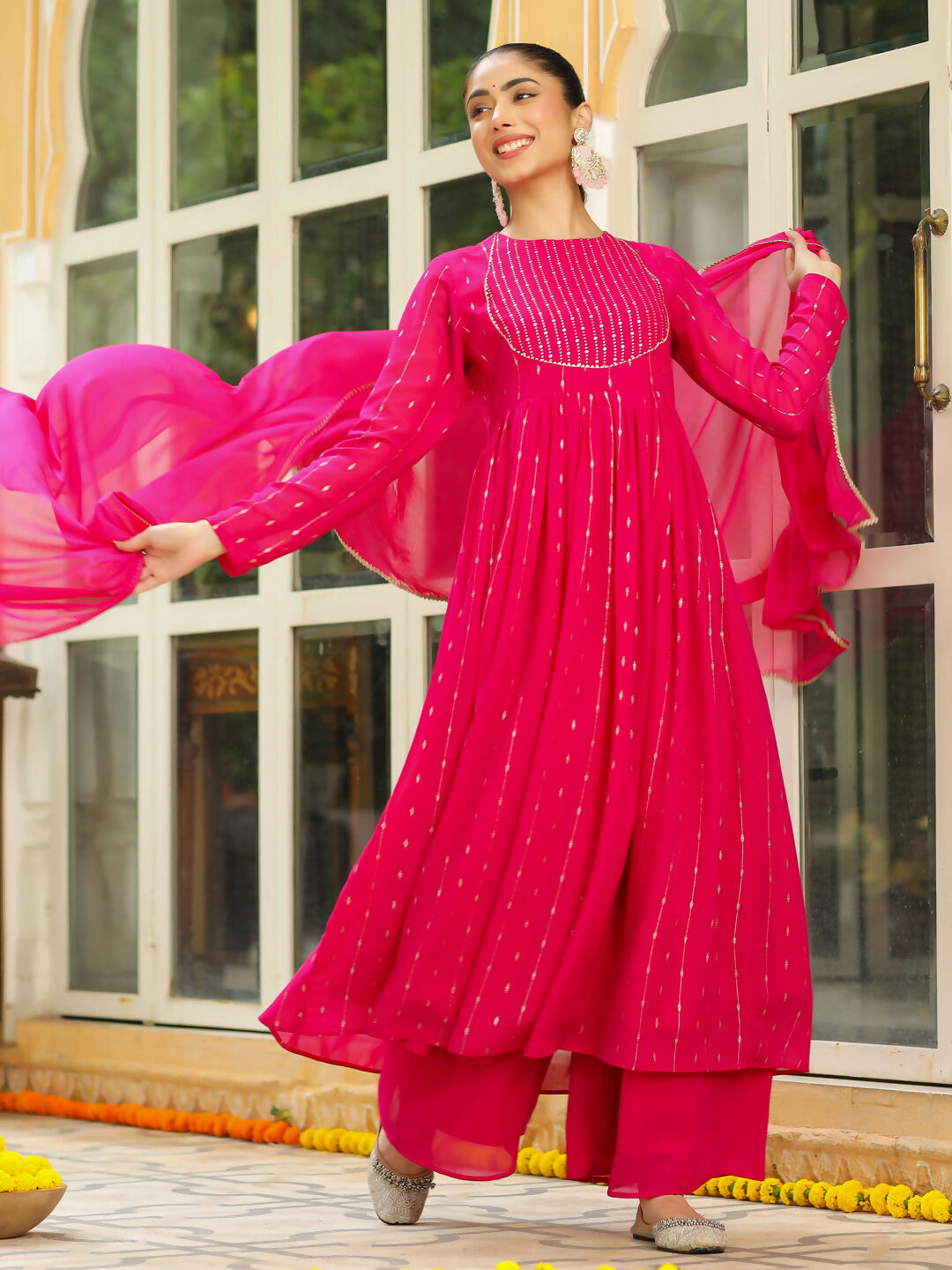Janasya Pink Georgette Foil Print Kurta,Bottom & Dupatta | Swadesiicart