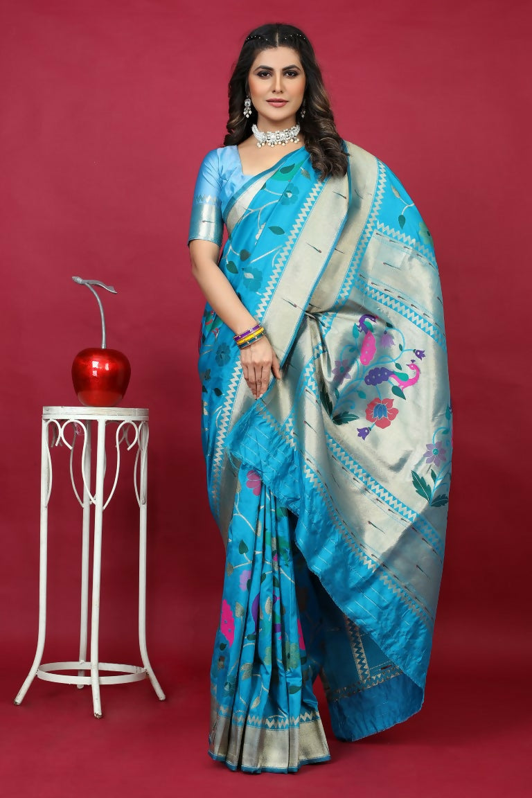 Jyoti Fashion Women's Sky Blue Paithani Silk Zari Woven Saree with Blouse | Swadesiicart