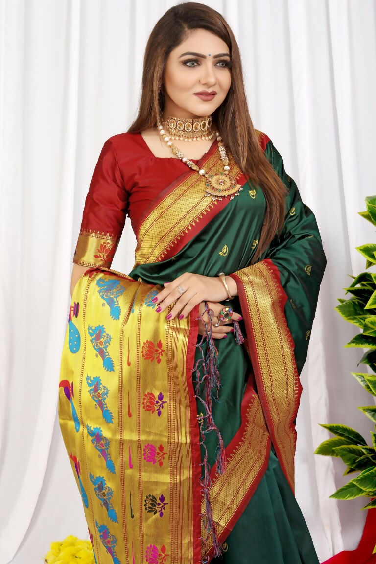 Jyoti Fashion Women's Bottle Green Paithani Silk Zari Woven Saree with Blouse | Swadesiicart