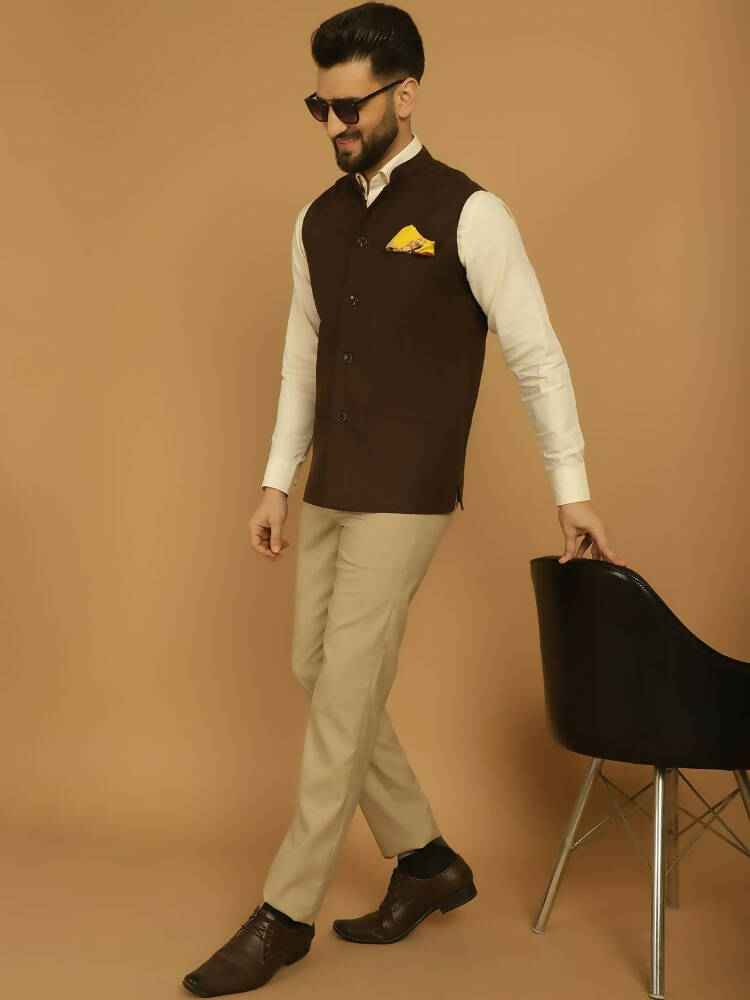 Even Apparels Pure Wool Nehru Jacket - Brown | Swadesiicart