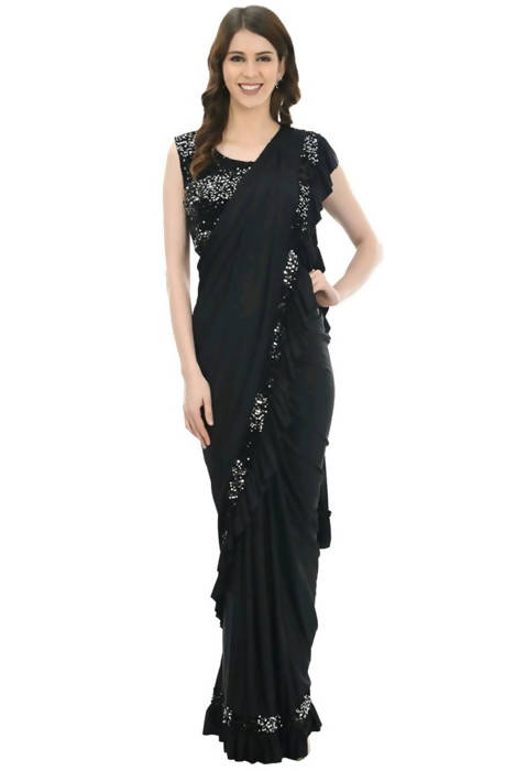 Mominos Fashion All Season Wear Black Ruffled Ready To Wear Saree | Swadesiicart