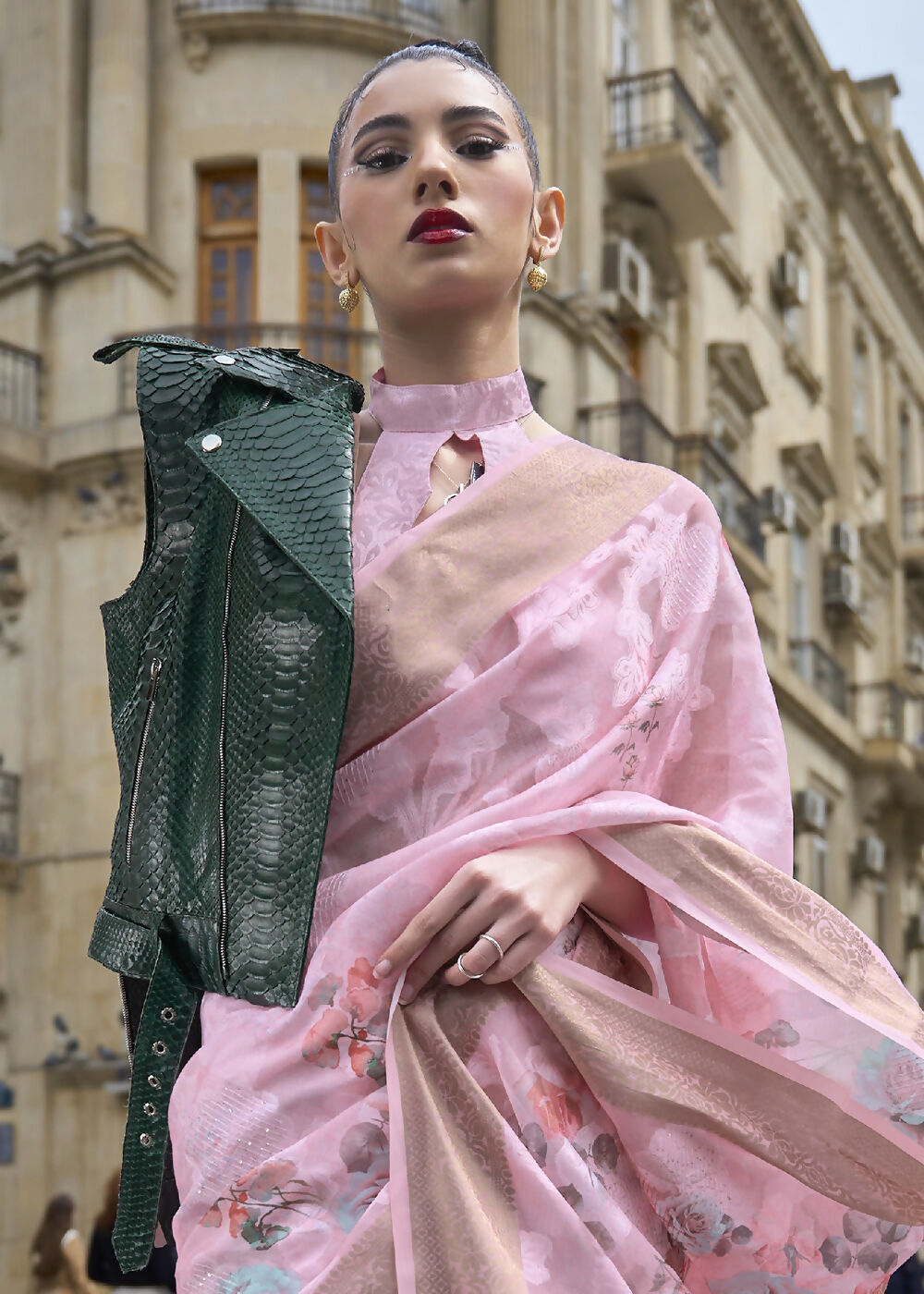 Lovely Baby Pink Polly Brasso Designer Saree - Emponline | Swadesiicart
