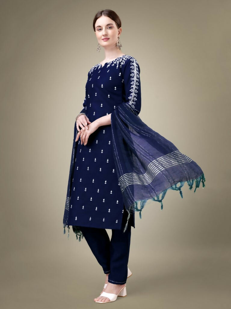 Jyoti Fashion Women's Navy Blue Cotton Blend Embroidery & Sequence work Kurta with Trouser & Dupatta | Swadesiicart