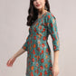Aavyora Women's Teal Green Cotton A-Line Tunic with Red Floral Print and All-Over Pintuck Details