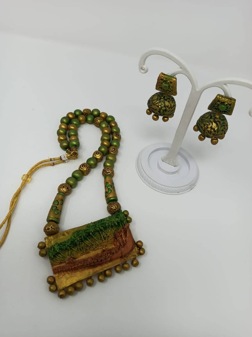 Terracotta Green and Gold Kerala Style Rowing Boat Pendant Long Necklace Set with Temple Earrings | Swadesiicart
