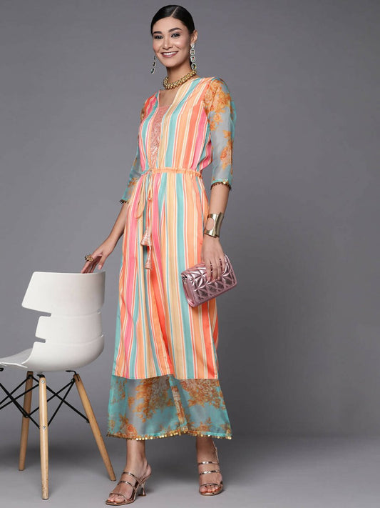 Ahalyaa Coral Orange & Blue Candy Striped Basic Jumpsuit - Swadesiicart