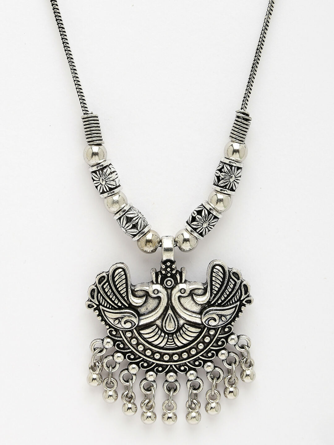 NVR Women's Silver-Toned Peacock Design Pendant with Chain | Swadesiicart