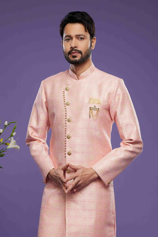 Raivat Ethnic Banarasi Jacquard Embroidery Semi Indo Western Sherwani In Pink Colour | Swadesiicart