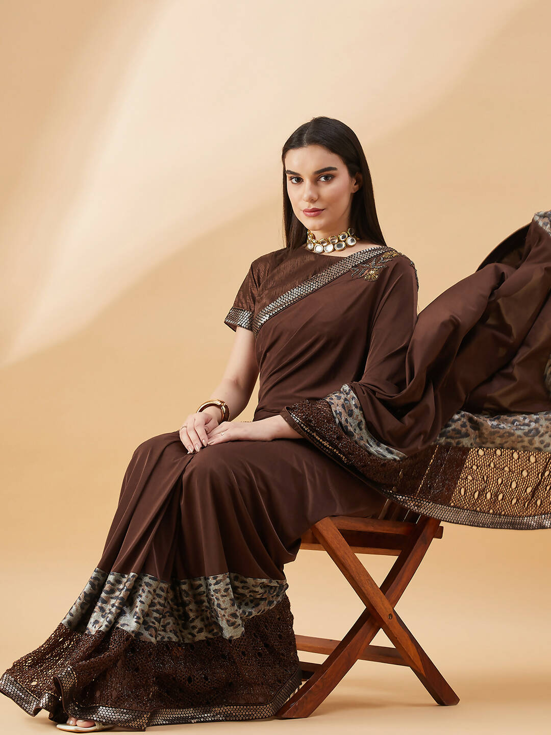 Brown Lycra Animal Print, Fancy Value Addition Fabric Saree - Norita Hit Design - Swadesiicart
