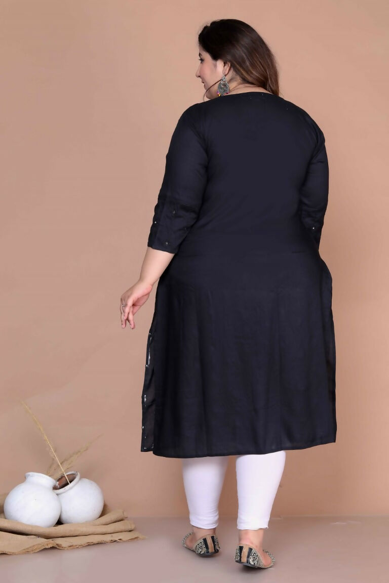 Miravan Women's Plus Size Black Mirror Work Embroidered Pakistani Straight Kurti - Swadesiicart