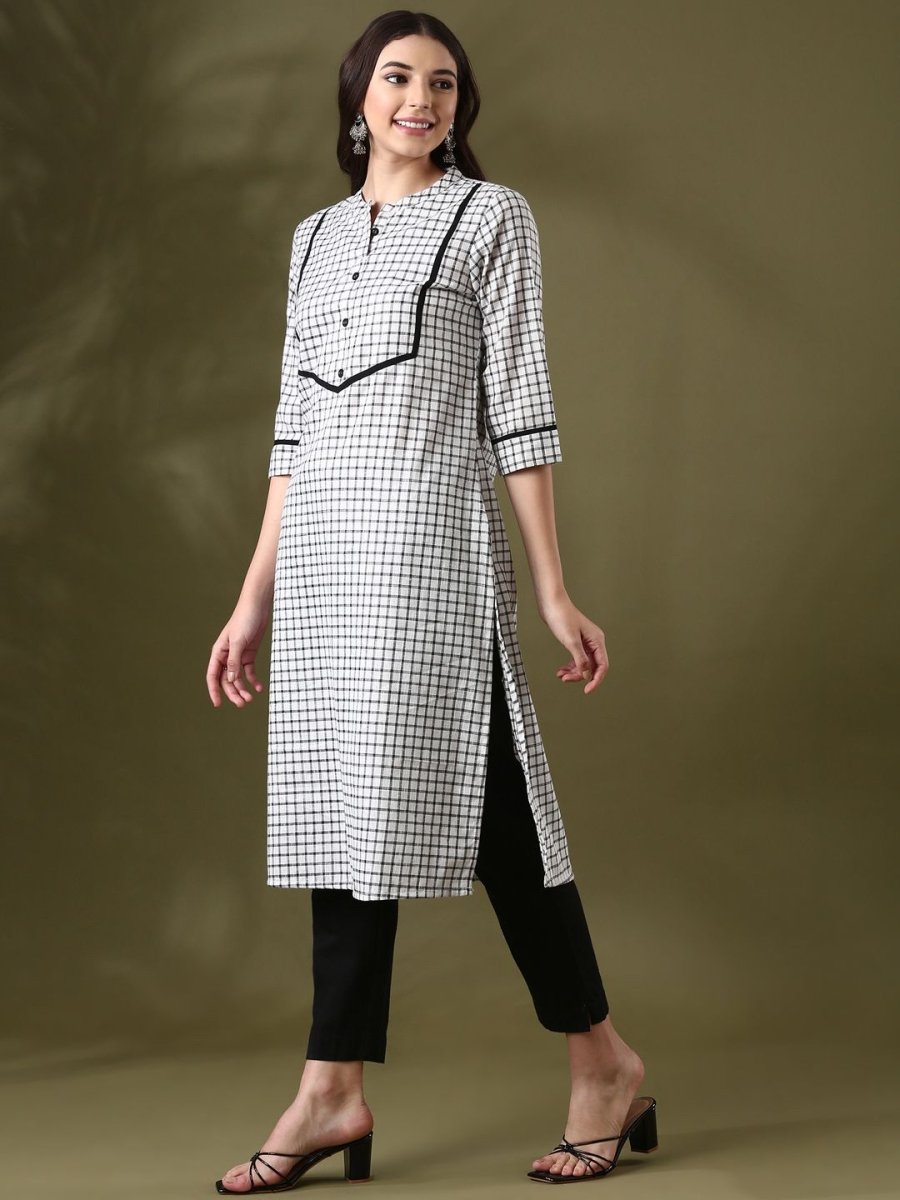Anouk White Checked Mandarin Collar Pure Cotton Straight Kurta - Swadesiicart