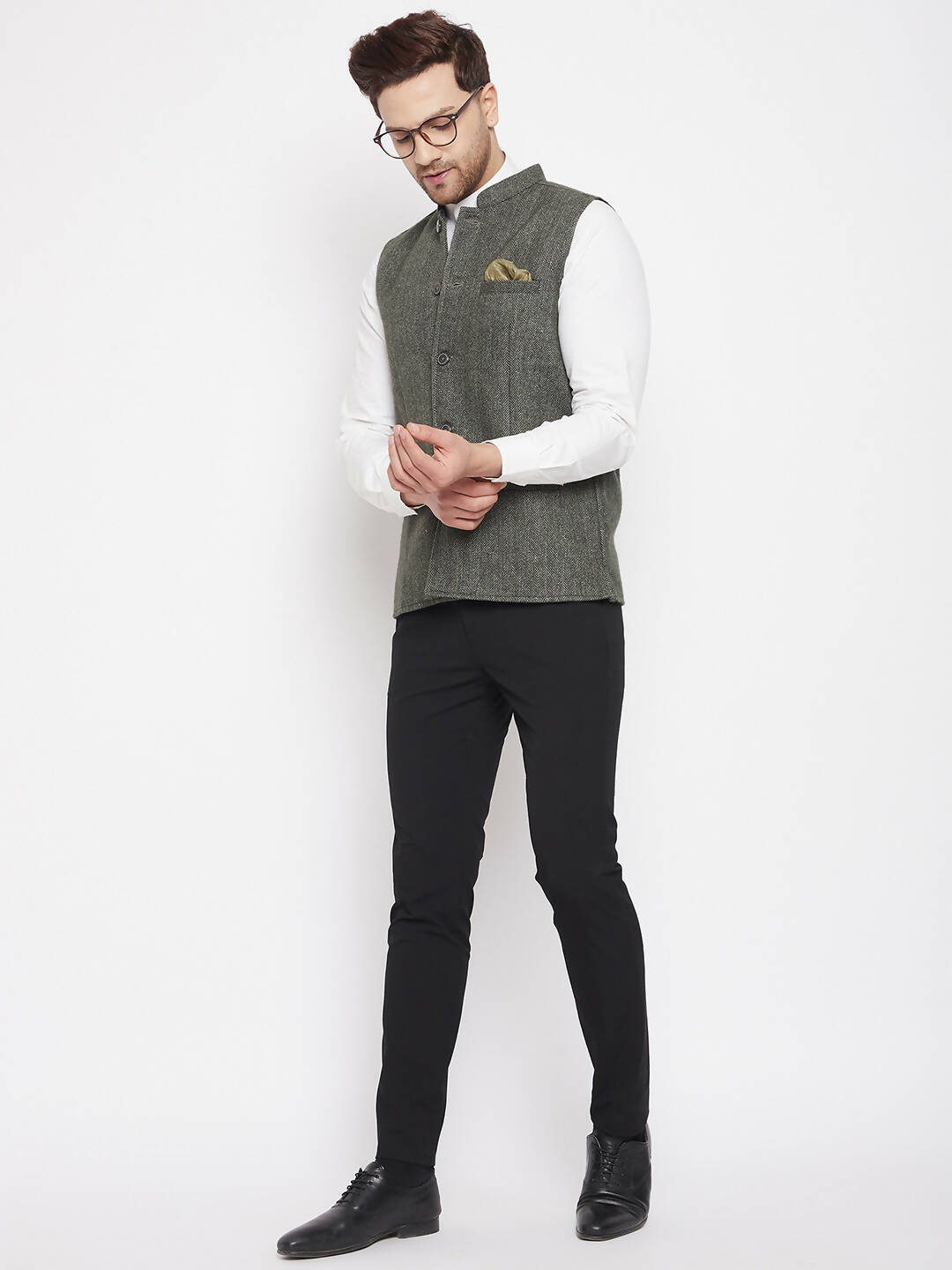Even Apparels Green Wool Men Woven Nehru Jacket | Swadesiicart