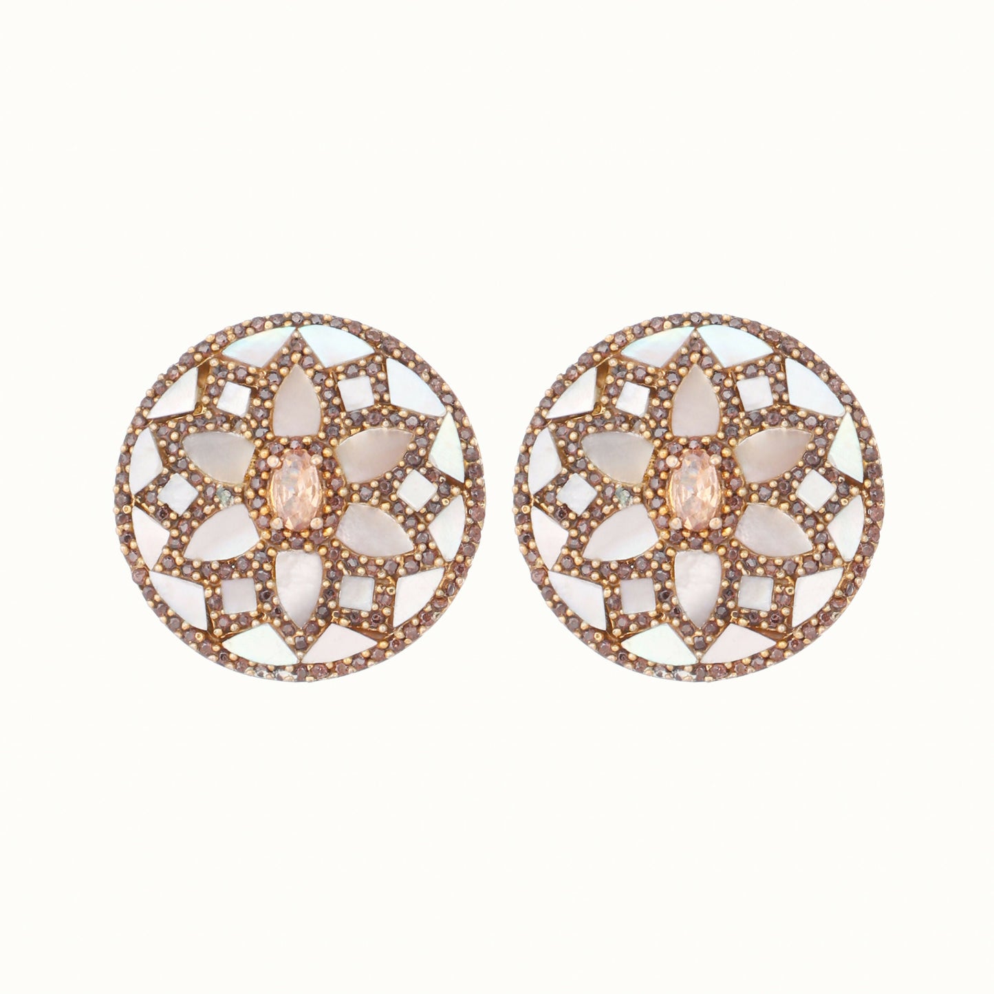 Nuyug 22K Gold Plated Mother of Pearls and Stone Studded Contemporary Floral Shaped Studs | Swadesiicart