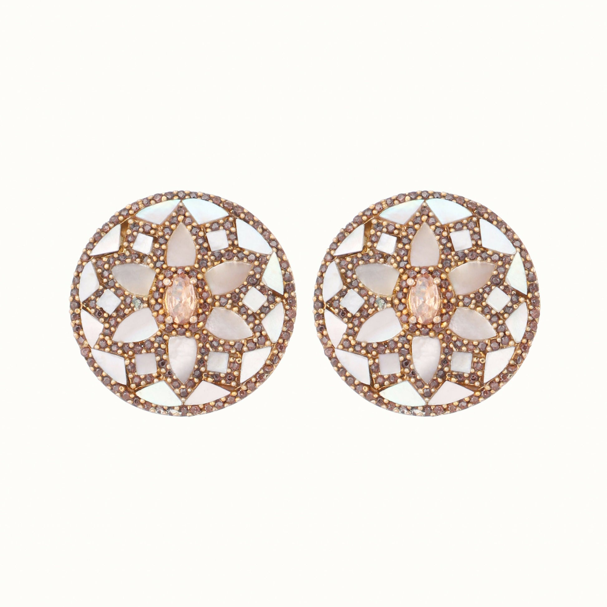 Nuyug 22K Gold Plated Mother of Pearls and Stone Studded Contemporary Floral Shaped Studs | Swadesiicart