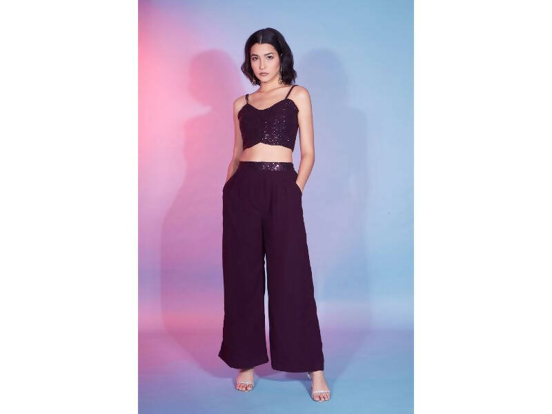Maroon Georgette Sequence With Thread Designer Co-Ord Set - Flory - Swadesiicart