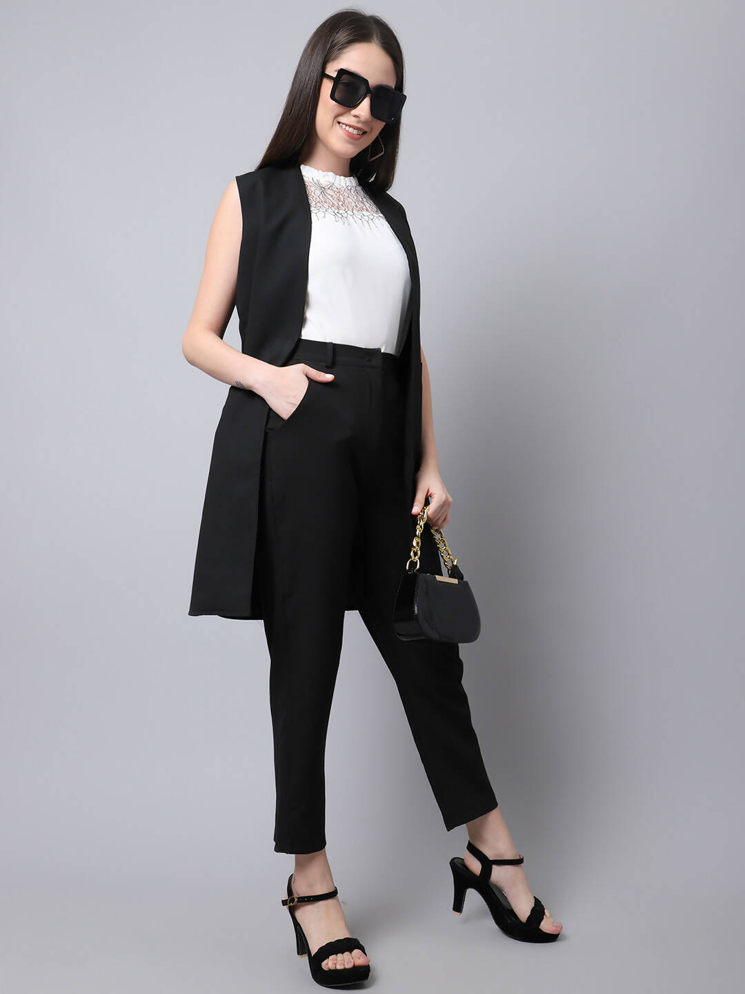 Even Apparels Black Polywool Open Front Women's Long Coat PW668 | Swadesiicart
