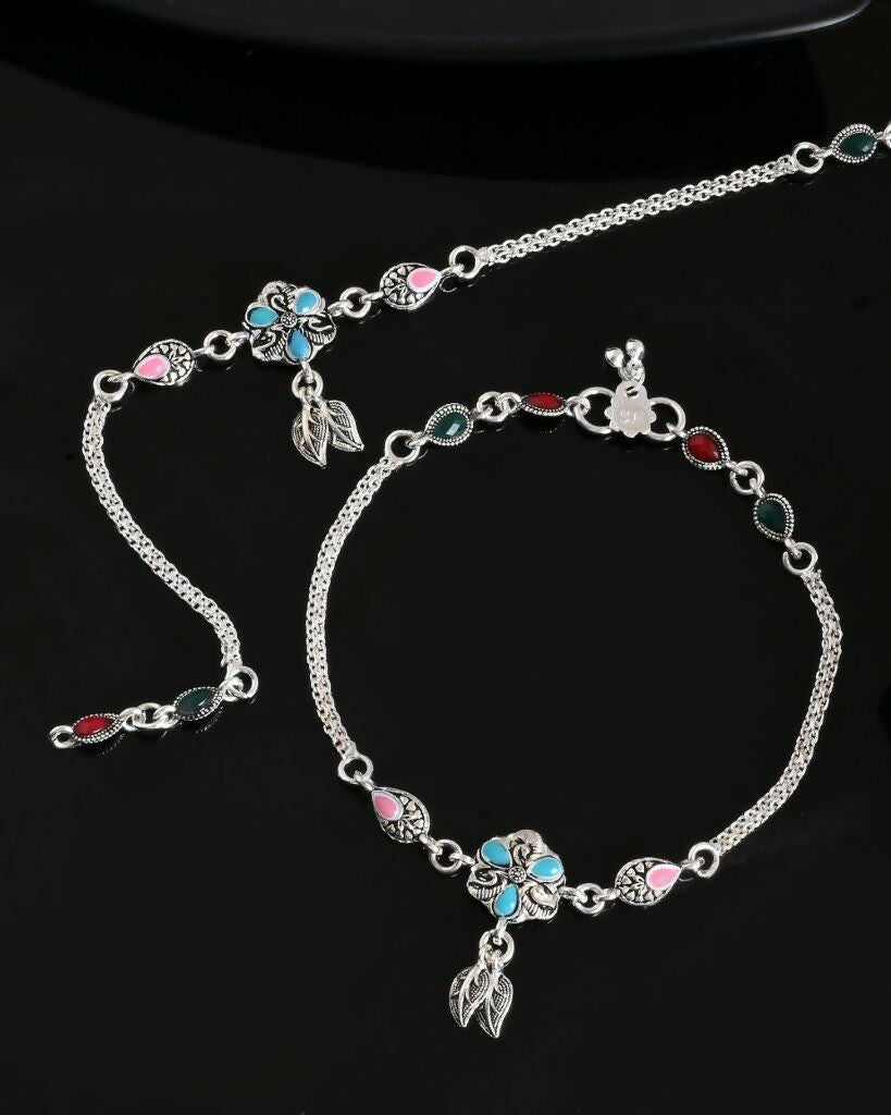 VOJ Set of 2 Traditional Stone Studded Flower Shaped Anklet - Swadesiicart