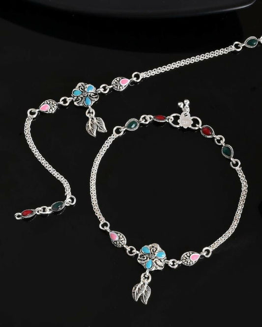 VOJ Set of 2 Traditional Stone Studded Flower Shaped Anklet - Swadesiicart