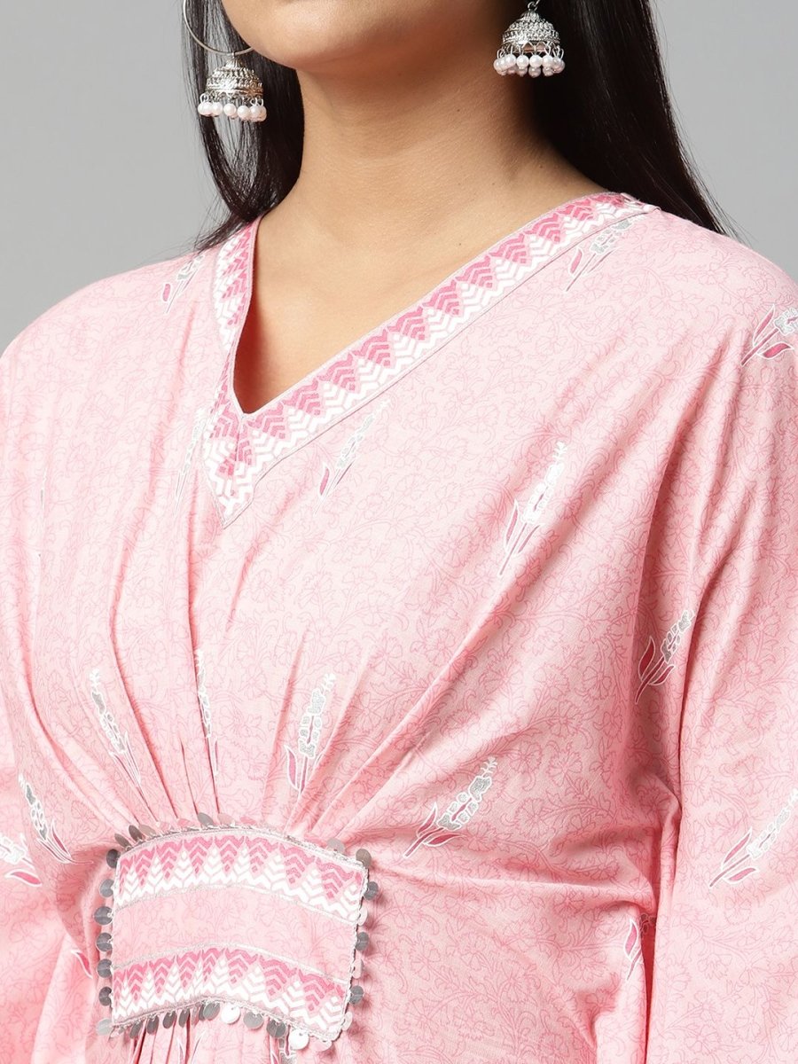 Ahalyaa Women Pink Pure Cotton Printed Kaftan Kurta | Swadesiicart