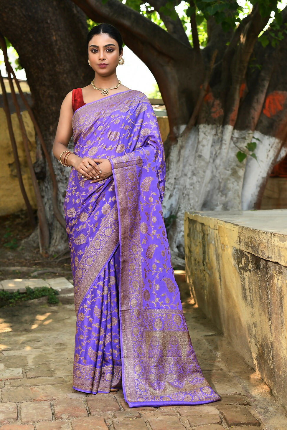 Joban Fashion Dark Lilac Crepe Chiffon Pure Handloom Banarasi Silk Saree | Swadesiicart