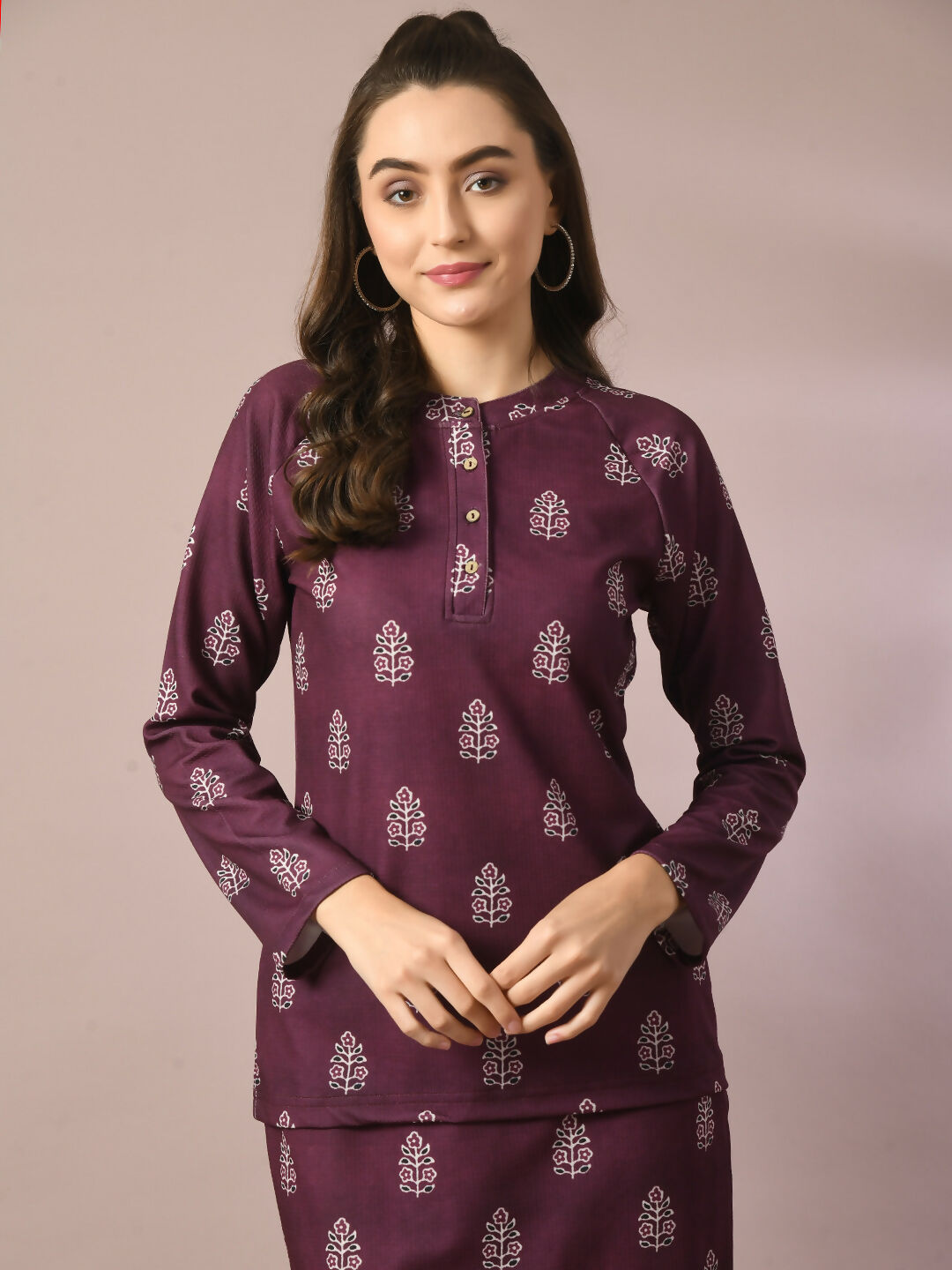 Myshka Women's Magenta Printed Round Neck Party Top With Skirt Co-ord set - Swadesiicart