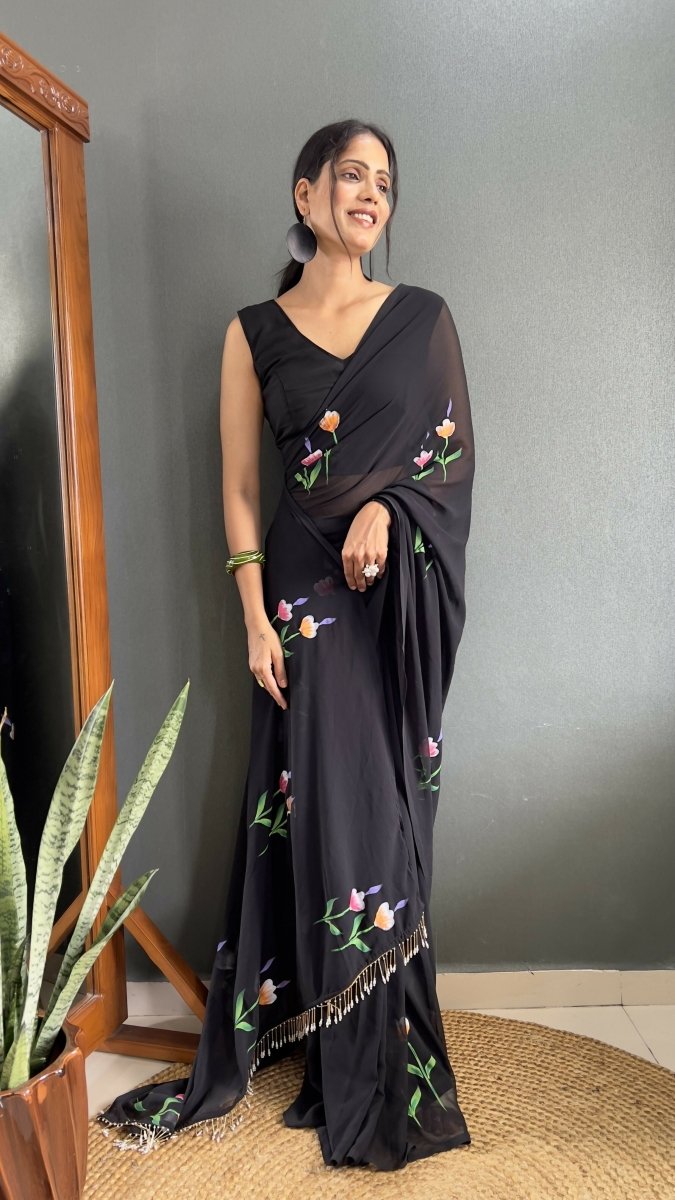 Aayaa Designer 1 min Hand Painted Ready to Wear saree - Black | Swadesiicart