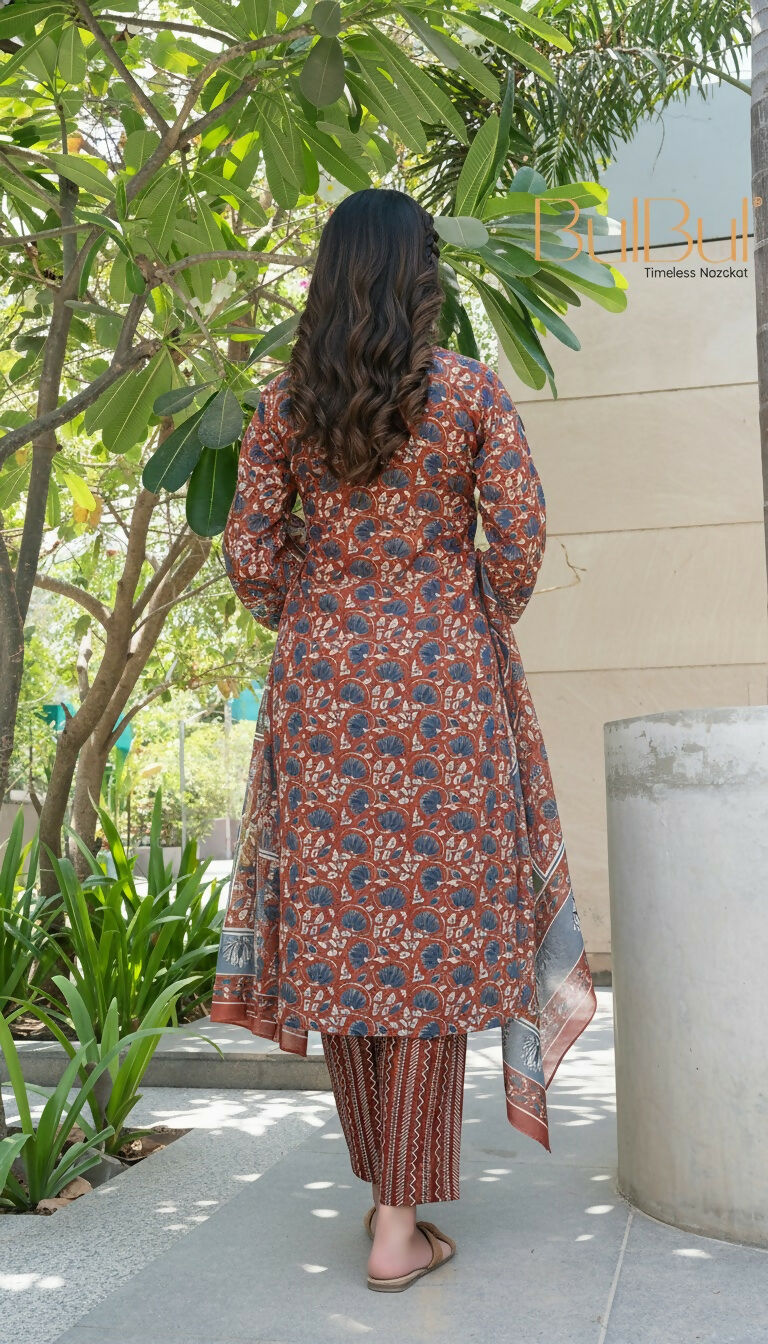 BulBul Fashionista Rust Cotton Kurta Set with Dupatta - Swadesiicart