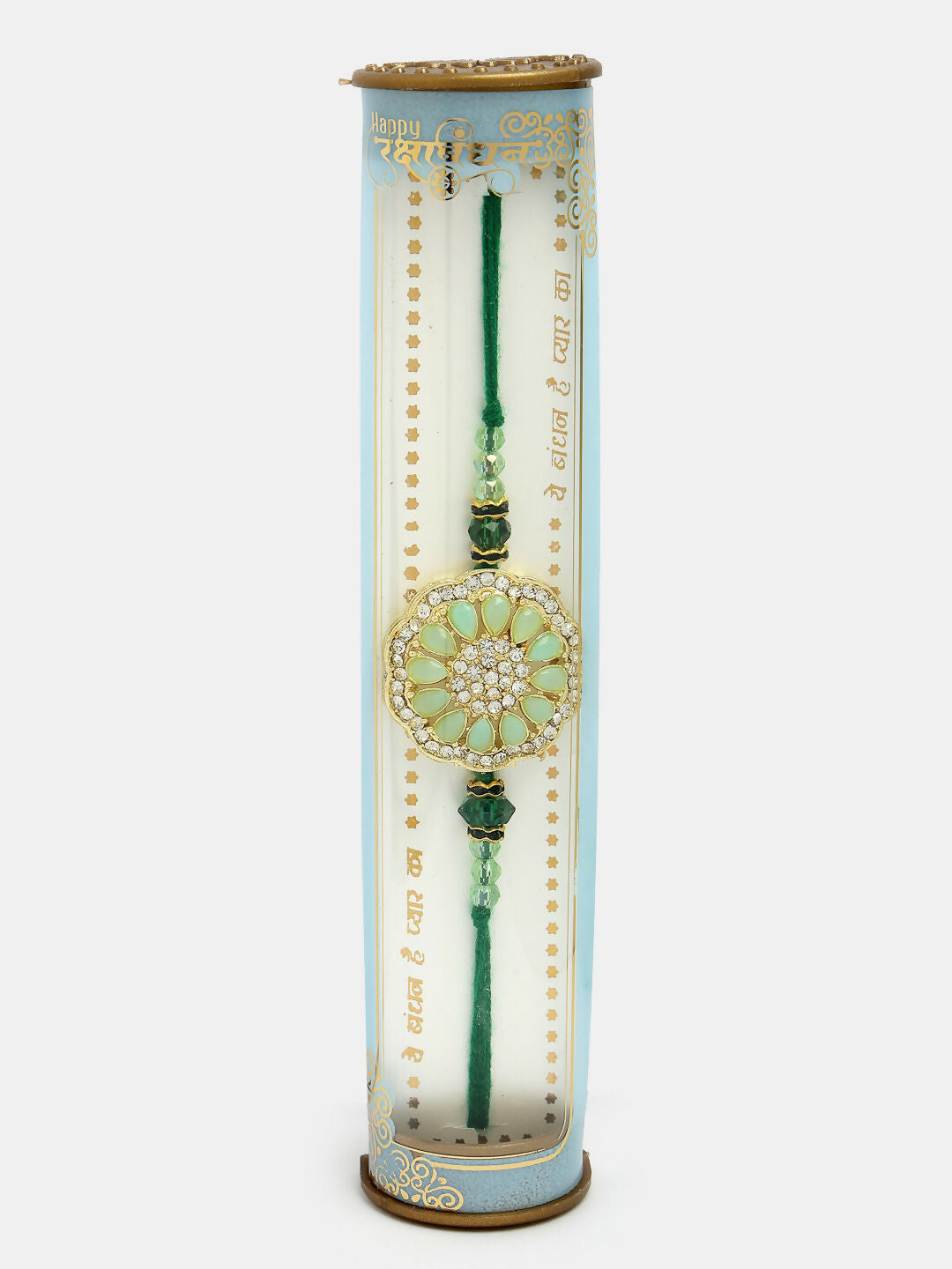 NVR Men Set of 2 Pink & Green Stone-Studded Rakhi With Roli Chawal & Chocolate | Swadesiicart