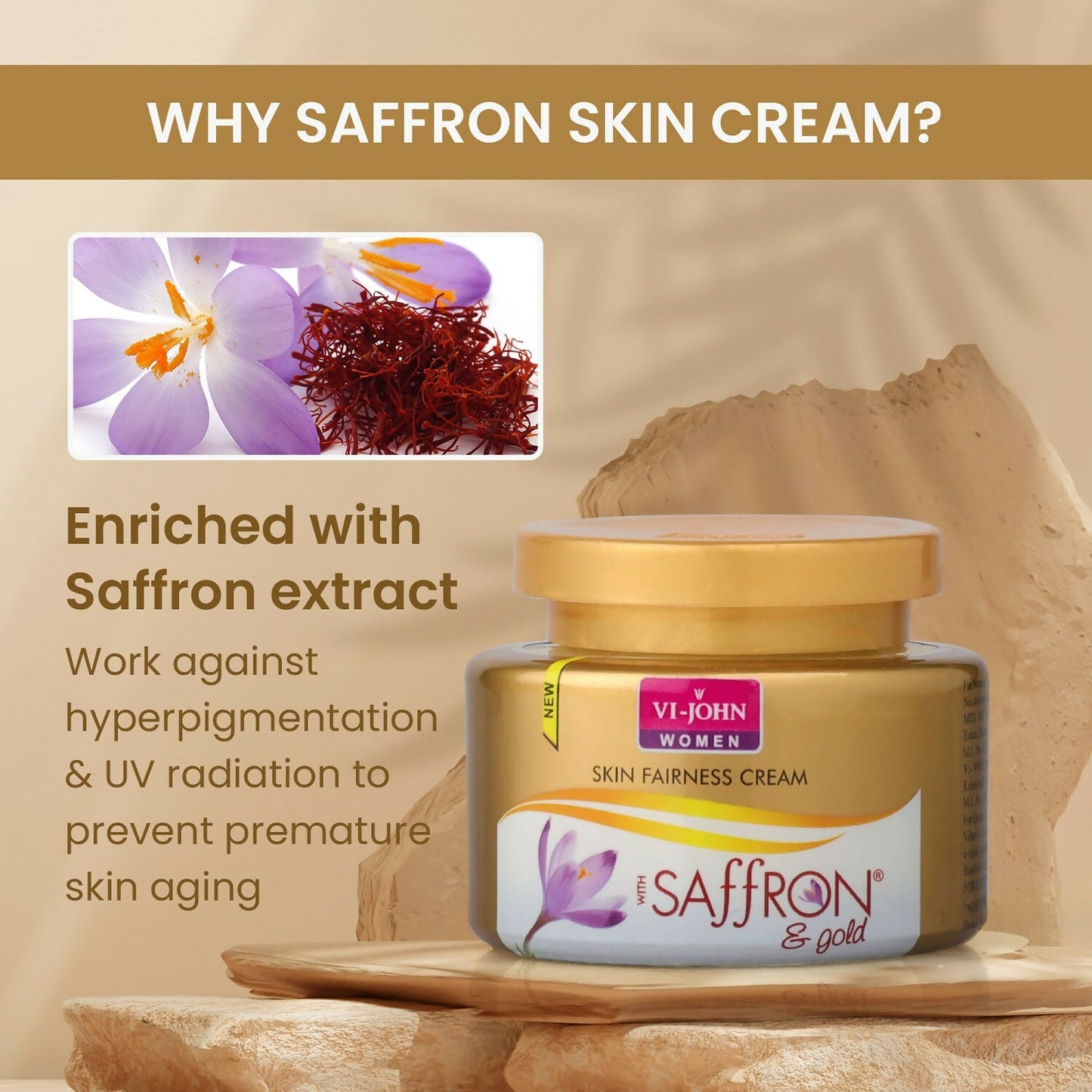 VI-JOHN Saffron Gold Skin Fairness Cream with Vitamin E & Mulberry Extracts | Swadesiicart