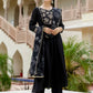 The52 Black Women's Beautiful Embroidered work Chinon Fabric with Flared Kurta, Pant and Dupatta Set - Swadesiicart