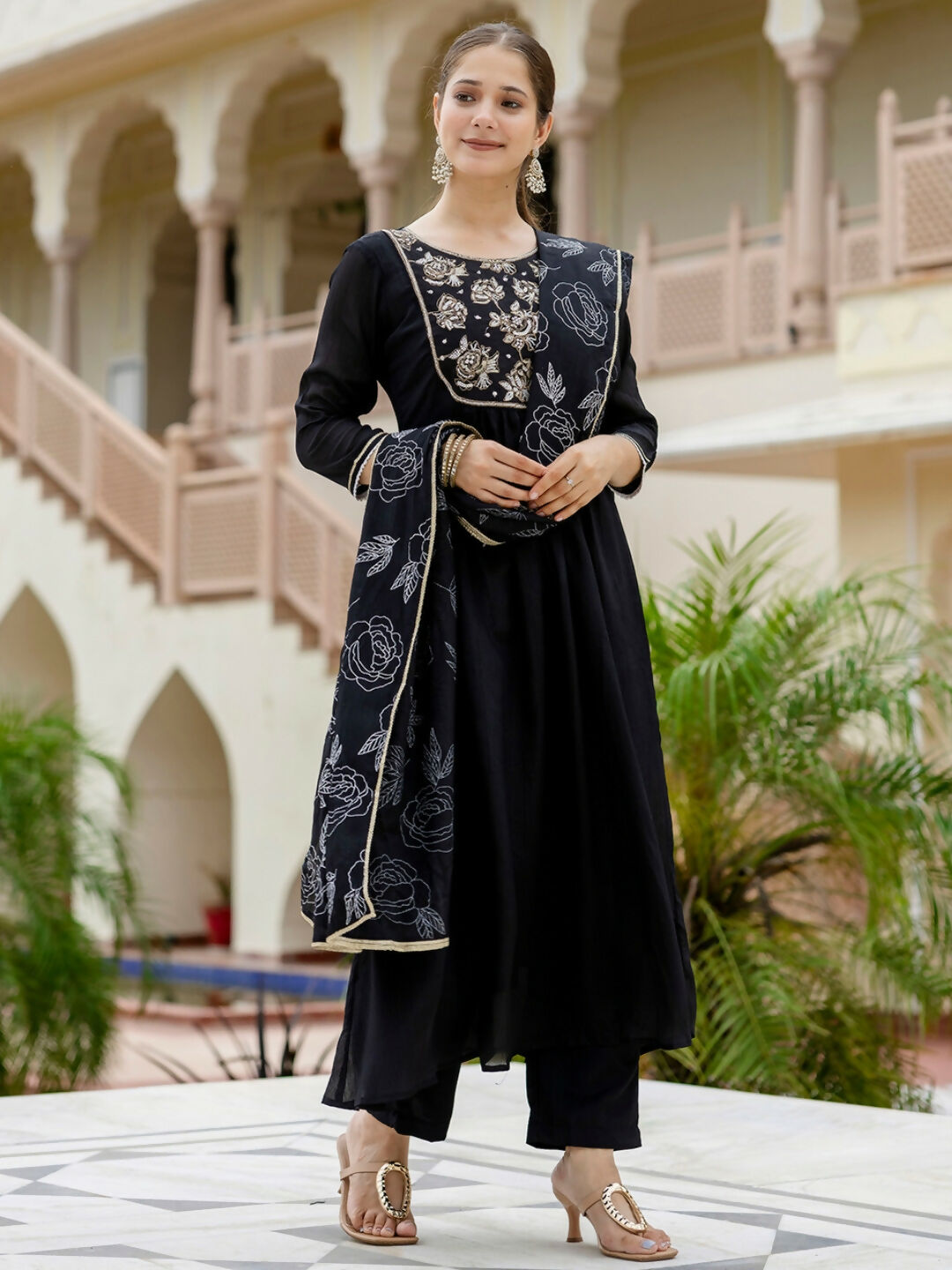 The52 Black Women's Beautiful Embroidered work Chinon Fabric with Flared Kurta, Pant and Dupatta Set - Swadesiicart