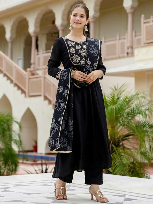 The52 Black Women's Beautiful Embroidered work Chinon Fabric with Flared Kurta, Pant and Dupatta Set - Swadesiicart