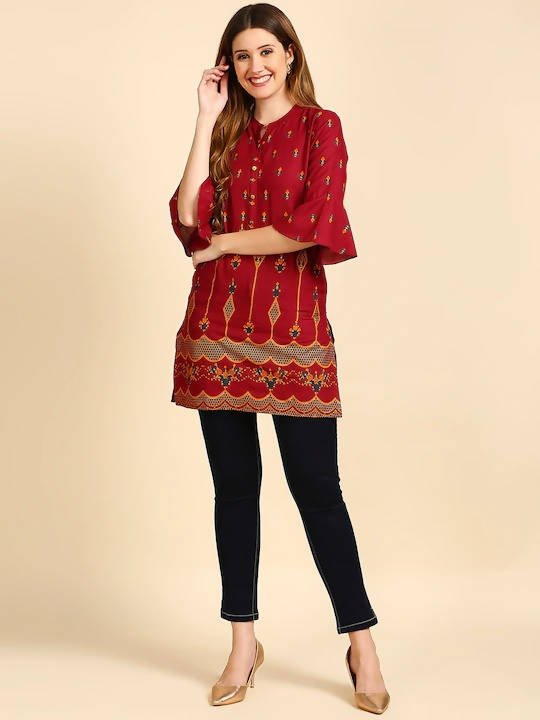 Anubhutee Maroon & Golden Printed Straight Kurti - Swadesiicart
