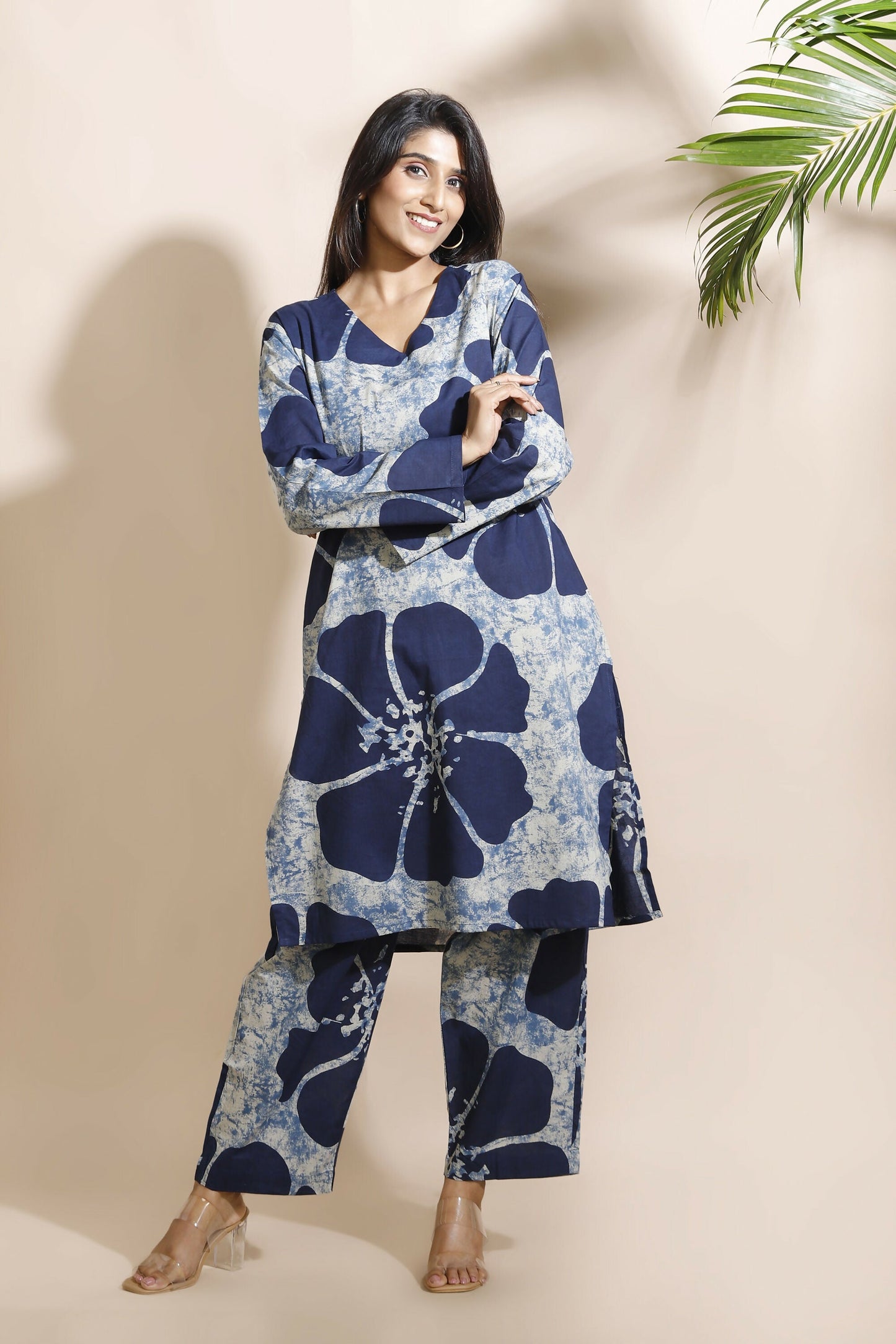 Breathables Women’S Loungewear Long Kurta Co-Ord Set Cotton Blue Floral Print