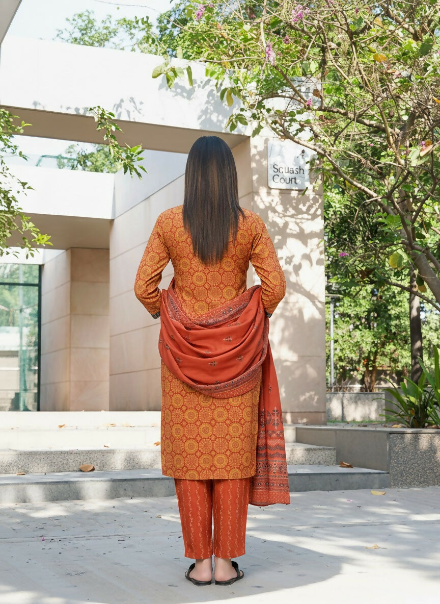 BulBul Aaliya Rust Cotton Kurta Set with Dupatta - Swadesiicart