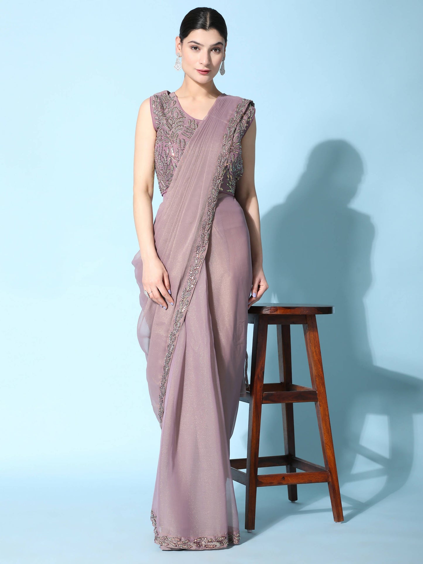 Purple Fancy Pure Fabric Plain Ready to wear Saree with stitched Blouse - Vrinda | Swadesiicart