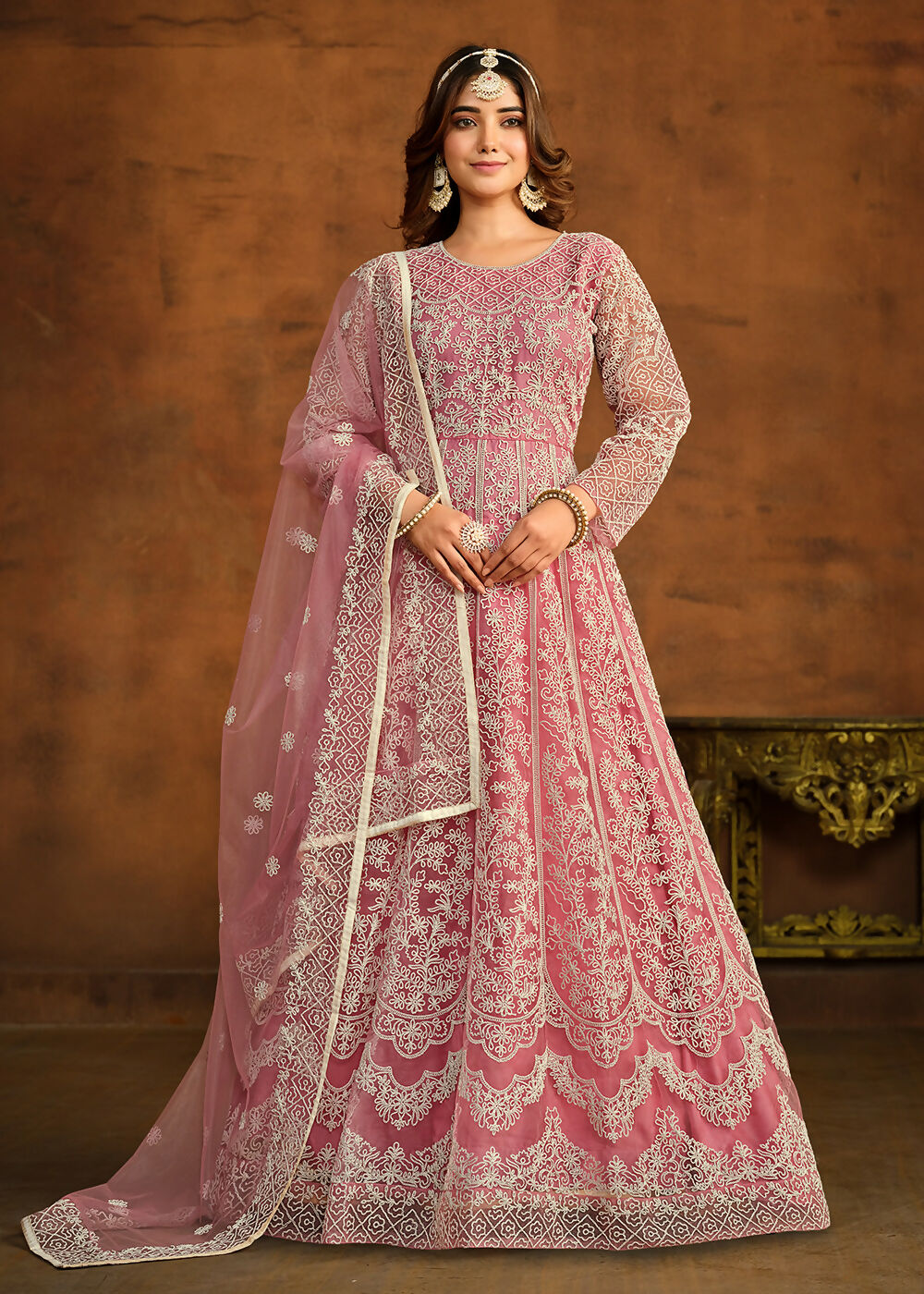 Pink All Over Embroidered Net Wedding Anarkali Suit - Emponline | Swadesiicart