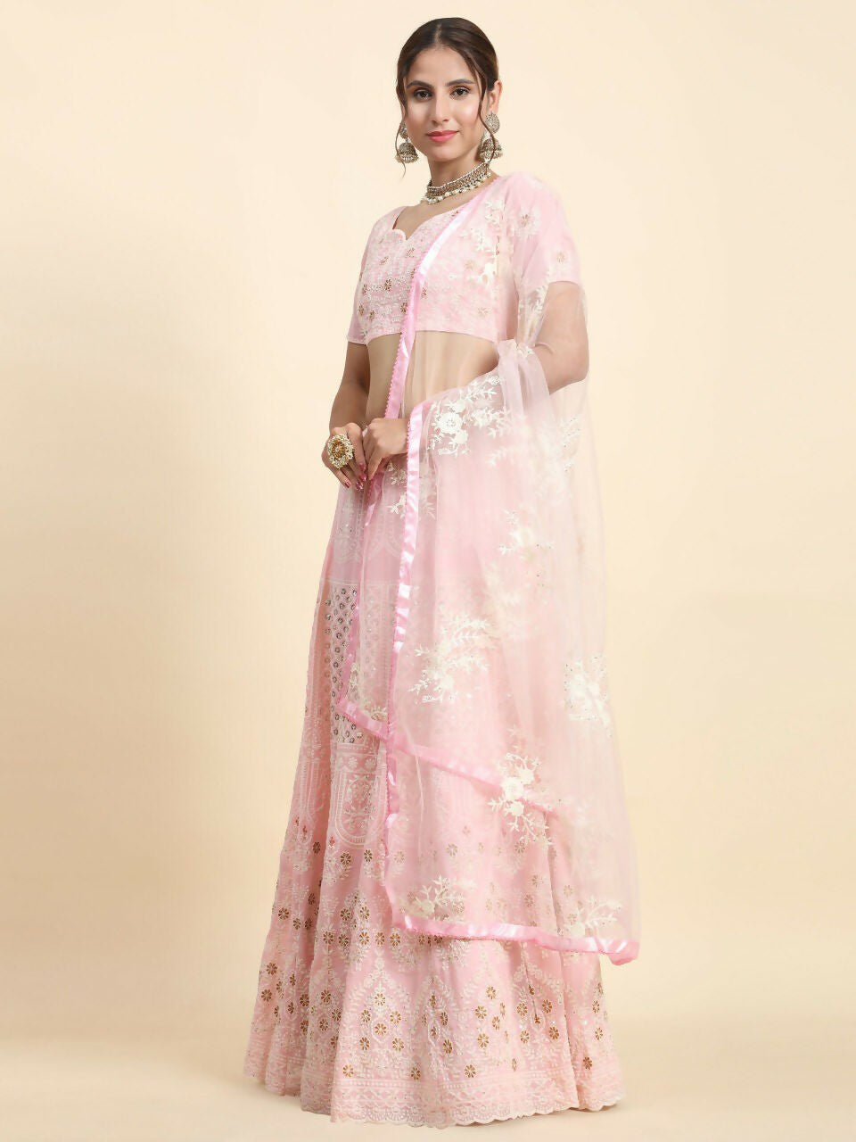 Jyoti Fashion Stunning Baby Pink Faux Georgette 3MM Sequins with Thread & Jari Embroidery Lehenga Choli with Dupatta | Swadesiicart